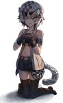  1girl :d absurdres animal_ears arknights armband bandeau bare_shoulders black_gloves black_shorts black_thighhighs cabbie_hat cliffheart_(arknights) commentary_request fang gloves grey_eyes grey_hair hat highres kneeling leopard_ears leopard_tail looking_at_viewer midriff mmia navel no_shoes open_mouth short_hair short_shorts shorts sleeveless smile solo stomach tail thighhighs 