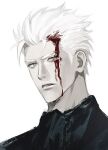  1boy bishounen blood blood_on_face blue_eyes devil_may_cry_(series) devil_may_cry_5 llexmatte looking_at_viewer male_focus pale_skin solo vergil_(devil_may_cry) white_hair 