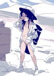  1girl backpack bag black_eyes black_hair covering_face covering_privates embarrassed exhibitionism flat_chest hat highres jacket jinkai_yamizawa mountain naked_jacket navel open_clothes open_jacket original outdoors public_indecency shoes snow socks solo standing v 
