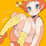  1girl bloomers blue_eyes bow braid dress fingernails freckles hair_bow knees_up looking_at_viewer mother_(game) mother_1 orange_background orange_dress orange_footwear orange_hair parted_lips pippi_(mother) shifumame sitting socks solo translation_request twin_braids white_bloomers yellow_bow yellow_socks 