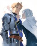  2boys alfyn_greengrass armor backlighting blonde_hair blue_eyes cloak cuirass full_armor hand_on_another&#039;s_chin height_difference highres hood hooded_cloak light_particles looking_at_another multiple_boys no_headwear octopath_traveler parted_lips short_hair therion_(octopath_traveler) twitter_username white_background white_cloak white_hair worvies 