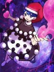  1girl black_capelet blob blue_eyes blue_hair blush capelet doremy_sweet dream_soul dress full_body hat highres kaigen_1025 looking_at_viewer multicolored_clothes multicolored_dress nightcap open_mouth pom_pom_(clothes) red_headwear short_hair smile socks solo tail tapir_tail touhou white_socks 