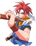  1boy absurdres artist_name blue_eyes blue_tunic brown_wristband chrono_trigger closed_mouth crono_(chrono_trigger) cropped_torso dated headband highres holding holding_sword holding_weapon looking_at_viewer male_focus neckerchief orange_neckerchief over_shoulder red_hair shikiwo smile solo spiked_hair sword toned toned_male upper_body weapon weapon_over_shoulder white_background white_headband 
