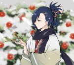  1boy blue_hair fire_emblem fire_emblem_engage folded_ponytail hair_ornament highres holding japanese_clothes kagetsu_(fire_emblem) kimono long_sleeves looking_to_the_side male_focus medium_hair oda32t scarf smoking smoking_pipe solo upper_body yellow_eyes 