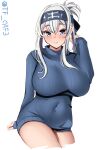  1girl absurdres bare_legs blue_eyes blue_sweater blush breasts folded_ponytail hair_between_eyes headband highres kamoi_(kancolle) kantai_collection large_breasts long_hair long_sleeves looking_at_viewer ribbed_sweater sitting solo sweater tf_cafe thick_eyebrows white_hair 
