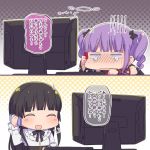  2koma :d ^_^ arm_warmers ayasaka bang_dream! bangs black_bow black_hair blunt_bangs blush bow cellphone closed_eyes comic commentary_request crying frilled_shirt_collar frills giving_up_the_ghost gloom_(expression) hair_bow halftone halftone_background keyboard_(computer) long_hair long_sleeves monitor multiple_girls neck_ribbon open_mouth phone purple_hair ribbon shirokane_rinko shirt smartphone smile talking_on_phone translation_request twintails udagawa_ako white_shirt 