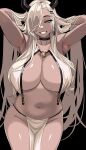  1girl armpits arms_up azur_lane black_background black_choker black_horns blonde_hair blush breasts choker cleavage collarbone commentary_request cowboy_shot earrings hair_ornament hair_over_one_eye hairclip hands_in_hair hella_p highres horns jewelry korean_commentary large_breasts long_hair looking_at_viewer mole mole_under_mouth navel one_eye_covered owari_(azur_lane) pelvic_curtain simple_background smile solo stomach thighs 