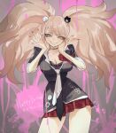  1girl bear_hair_ornament black_necktie black_shirt blonde_hair blood breasts brown_eyes cleavage collarbone contrapposto cowboy_shot danganronpa:_trigger_happy_havoc danganronpa_(series) enoshima_junko grey_necktie grin hair_ornament hands_up happy_birthday highres large_breasts long_hair miniskirt necktie pink_blood red_nails red_skirt shirt skirt smile solo talesofmea teeth twintails 