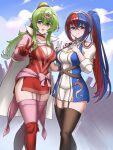  2girls :d absurdres alear_(female)_(divine_attire)_(fire_emblem) alear_(female)_(fire_emblem) alear_(fire_emblem) artist_name blue_eyes blue_hair blush breasts burnt_green_tea cape cleavage closed_mouth crossed_bangs dress fire_emblem fire_emblem_awakening fire_emblem_engage gloves green_eyes green_hair hair_between_eyes heterochromia highres large_breasts long_hair looking_at_viewer multicolored_hair multiple_girls open_mouth pointy_ears ponytail red_dress red_eyes red_gloves red_hair smile thighhighs tiara tiki_(adult)_(fire_emblem) tiki_(fire_emblem) two-tone_hair v 