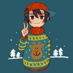  1boy arm_at_side black_hair blue_background blue_eyes christmas_sweater closed_mouth cropped_torso looking_at_viewer male_focus mother_(game) mother_1 ninten red_headwear shifumame sideways_hat smile solo v 