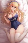  1girl absurdres bare_arms bare_shoulders bed_sheet black_one-piece_swimsuit blonde_hair blush breasts closed_mouth fletcher_(kancolle) grey_eyes hair_ornament highres kantai_collection large_breasts long_hair looking_at_viewer nuka_(nvkka) one-piece_swimsuit school_swimsuit smile solo star_(symbol) star_hair_ornament swimsuit thighhighs white_thighhighs 