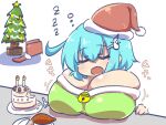  blue_hair breasts bursting_breasts christmas cleavage eejii gigantic_breasts highres huge_breasts impossible_clothes impossible_shirt large_breasts shirt short_hair shortstack sleeping tight_clothes tight_shirt 