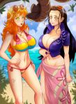  2girls beach bikini black_hair blue_eyes breasts brown_eyes cleavage disney dress highres huge_breasts hypnosis jungle_book large_breasts legs long_hair mind_control multiple_girls nami_(one_piece) navel nico_robin one_piece orange_hair sand smile snake sunglasses swimsuit thick_thighs thighs tongue tongue_out towel trance 