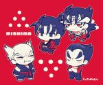  4boys :3 arms_at_sides balding belt chest_tattoo closed_mouth devil_jin dougi facial_hair forehead_jewel hood hood_down kazama_jin kotorai limited_palette male_focus mishima_heihachi mishima_kazuya multiple_boys mustache no_nose old old_man scar scar_on_cheek scar_on_face signature studded_gloves tattoo tekken thick_eyebrows v-shaped_eyebrows vest wings 