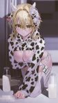  1girl absurdres alternate_costume animal_ears animal_print arm_under_breasts blonde_hair blurry blurry_background blush bottle bra censored closed_mouth commentary cow_ears cow_horns cow_print fake_animal_ears genshin_impact glass_bottle hair_between_eyes hair_intakes highres horns indol leaning_forward long_sleeves looking_at_viewer lumine_(genshin_impact) milk_bottle mosaic_censoring panties puffy_long_sleeves puffy_sleeves short_hair short_hair_with_long_locks shrug_(clothing) side-tie_panties solo thighhighs underwear white_bra white_panties white_thighhighs yellow_eyes 