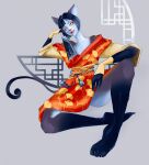 anthro asian_clothing blue_body blue_fur blue_hair clothing dress duo east_asian_clothing felid feline female fur hair hi_res japanese_clothing kimono makeup mammal oriental pinup pose short sketch slim solo tail whitebaloo yukata