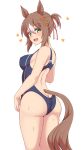  1girl absurdres animal_ears brown_hair fine_motion_(umamusume) hair_between_eyes hakutaqanta highres horse_ears horse_girl horse_tail looking_at_viewer open_mouth simple_background smile solo tail tracen_swimsuit tracen_training_uniform umamusume white_background 