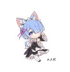  1girl animal_ears black_dress blue_hair blunt_bangs blush cat_ears cat_tail dress frilled_dress frills gabiran hair_ribbon hands_up long_sleeves looking_at_viewer lowres maid_headdress pink_ribbon re:zero_kara_hajimeru_isekai_seikatsu rem_(re:zero) ribbon short_hair simple_background smile solo tail white_background 