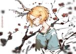  1girl antlers blonde_hair blue_shirt dragon_girl dragon_horns highres horns huangyou kicchou_yachie red_eyes shirt short_hair square_neckline touhou 