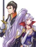  1boy 1girl absurdres armor ascot belt black_hair breasts cape cleavage collar commission commissioner_upload fire_emblem fire_emblem:_genealogy_of_the_holy_war fire_emblem:_thracia_776 hair_ornament highres holding holding_sword holding_weapon ishtar_(fire_emblem) jewelry kousetu0506 long_hair non-web_source pauldrons purple_eyes purple_hair reinhardt_(fire_emblem) shoulder_armor skeb_commission sword very_long_hair weapon 