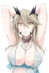  armpits arms_behind_head arms_up artoria_pendragon_(all) artoria_pendragon_(lancer_alter) babydoll bangs bare_shoulders blonde_hair breasts choker cleavage collarbone commentary_request earrings eyelashes fate/grand_order fate_(series) gloves hair_between_eyes horns jewelry large_breasts lingerie long_hair looking_at_viewer necklace open_mouth parted_lips royal_icing sash see-through sidelocks simple_background snowflake_print solo underwear white_background yellow_eyes zekkyon 