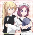  apron bangs blonde_hair blue_eyes blush bow bowtie commentary_request crossdressing hair_between_eyes high_ponytail holding holding_plate long_hair maid maid_headdress multiple_girls new_game! plate ponytail puffy_short_sleeves puffy_sleeves purple_eyes purple_hair short_hair short_sleeves smile tissy_(mickey) tooyama_rin waiter yagami_kou 