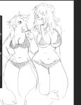 2021 anthro beverage big_breasts black_and_white bra breasts canid canine canis clothing digital_media_(artwork) drinking duo female hair hair_over_eyes hi_res looking_at_another mammal monochrome navel nipple_outline ponytail romantic romantic_couple sketch smile smoothie standing thorn_paw underwear wolf