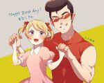  1boy 1girl ana_(mother) blush collarbone collared_dress dress fingernails grey_eyes grin hair_ribbon happy_birthday holding_hands looking_at_viewer mother_(game) mother_1 open_mouth pompadour puffy_short_sleeves puffy_sleeves red-tinted_eyewear red_ribbon red_shirt ribbon shifumame shirt short_sleeves short_twintails sideburns smile teddy_(mother) tinted_eyewear translation_request twintails two-tone_background 