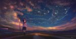  1girl artist_name brown_hair bus_stop city_lights cloud cloudy_sky commentary_request evening feel_(nasitaki) highres looking_up original outdoors pleated_skirt revision road road_sign scenery school_uniform serafuku short_hair sign signature skirt sky solo 