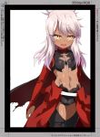  bad_id bad_twitter_id bangs black_legwear blush breastplate breasts bridal_gauntlets cape chloe_von_einzbern commentary_request dark_skin eyelashes fate/kaleid_liner_prisma_illya fate_(series) hair_between_eyes highres hips long_hair looking_at_viewer navel pink_hair red_cape shimejinameko shrug_(clothing) simple_background small_breasts smile solo thighs waist_cape white_background 