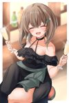  1girl alternate_costume bar_(place) bare_shoulders black_dress brown_hair champagne_flute closed_eyes collarbone commentary_request cup dress drinking_glass facing_viewer feet_out_of_frame hair_ornament hairclip highres indoors kantai_collection kasashi_(kasasi008) short_hair_with_long_locks smile solo stool taihou_(kancolle) 