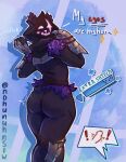 anthro bear big_butt blush butt clothed clothing digital_media_(artwork) english_text epic_games eye_scar facial_scar female fortnite fur hi_res looking_at_viewer mammal nohunuh purple_body raven_team_leader scar simple_background solo text thick_thighs ursine