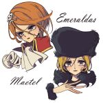  2boys ascot black_headwear blonde_hair blue_eyes character_name commentary_request cropped_shoulders emeraldas fur_hat genderswap genderswap_(ftm) gloves hair_between_eyes hair_ornament hand_up harlock_saga hat high_collar korean_commentary looking_at_viewer maetel male_focus meremero multiple_boys open_mouth orange_hair portrait scar scar_on_face short_hair simple_background skull_and_crossbones skull_hair_ornament smile ushanka white_ascot white_background white_gloves 