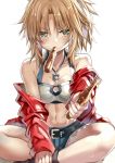  bangs bare_legs bare_shoulders belt black_belt black_footwear blonde_hair blue_shorts breasts cleavage collarbone fate/apocrypha fate/grand_order fate_(series) fingernails food_request foreshortening green_eyes highres indian_style jacket jewelry looking_at_viewer medium_breasts medium_hair mordred_(fate) mordred_(fate)_(all) mouth_hold necklace off_shoulder parted_bangs reaching_out red_jacket shino_(eefy) shoes short_shorts shorts simple_background sitting solo sweat white_background 
