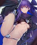  1girl absurdres armored_boots black_jacket blue_eyes blue_ribbon blush boots breasts cropped_jacket crotch_plate fate/extra fate/extra_ccc fate_(series) hair_ribbon highres jacket long_hair long_sleeves looking_at_viewer meltryllis_(fate) navel prosthesis prosthetic_leg purple_hair ribbon sleeves_past_fingers sleeves_past_wrists small_breasts solo spread_legs ura_illust very_long_hair 