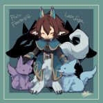 1boy animal animal_ear_fluff animal_ears belt black_gloves blue_capelet brown_belt brown_hair capelet centauroid claws closed_eyes coat collared_capelet full_body gloves grey_background grey_fur hair_between_eyes horns inumimi-syndrome long_sleeves male_focus monster_boy open_mouth petting pixiv_fantasia pixiv_fantasia_last_saga short_eyebrows short_hair signature sitting solo tail taur wolf wolf_boy wolf_ears wolf_tail 