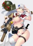  1girl alternate_costume ammunition_pouch assault_rifle blush breasts christmas covered_nipples cowboy_shot cross_hair_ornament explosive girls&#039;_frontline green_eyes grenade grenade_pin_in_mouth grey_hair gun h&amp;k_hk416 hair_ornament highres hk416_(girls&#039;_frontline) holding holding_gun holding_weapon knife long_hair m67 magazine_(weapon) mouth_hold nakiusagi navel panties pouch rifle single_thighhigh solo string_panties teardrop_facial_mark teardrop_tattoo thigh_strap thighhighs trigger_discipline underwear weapon white_background white_thighhighs 