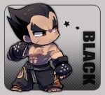  1boy barefoot black_gloves black_hair black_pants chibi fingerless_gloves frown full_body glint gloves kotorai looking_to_the_side mishima_kazuya no_nose pants red_eyes scar scar_on_arm scar_on_cheek scar_on_chest scar_on_face short_hair standing studded_gloves tekken thick_eyebrows topless_male v-shaped_eyebrows 