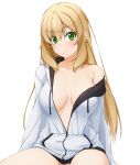  1girl blonde_hair blush breasts cleavage closed_mouth collarbone commentary_request green_eyes hinata_masaki hood hooded_jacket jacket large_breasts long_hair long_sleeves naked_jacket original partially_unzipped sitting smile solo thighs white_jacket 