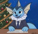 ambiguous_gender christmas christmas_tree clothing costume digital_media_(artwork) eeveelution feral generation_1_pokemon holidays mammal nintendo open_mouth plant pokemon pokemon_(species) president smile solo tree vaporeon whyvern