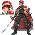  1boy alternate_costume belt belt_buckle black_gloves buckle cape christmas closed_mouth diamant_(fire_emblem) fire_emblem fire_emblem_engage full_body gloves hat highres holding holding_sword holding_weapon jeremy_c4120 male_focus red_cape red_eyes red_hair santa_hat short_hair solo sword weapon white_background 
