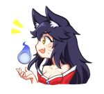  ahri animal_ear_fluff animal_ears bangs breasts cleavage collarbone commentary fox_ears fox_girl hand_up kyamagwi league_of_legends long_hair open_mouth profile purple_hair sideways_mouth simple_background solo v-shaped_eyebrows whisker_markings white_background yellow_eyes 