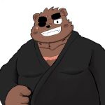 2023 anthro bear blush brown_body eye_patch eyewear gouki_(the_spicy_ninja_scrolls) hi_res humanoid_hands kemono male mammal niwatori_kun87 overweight overweight_male scar simple_background smile solo the_spicy_ninja_scrolls white_background