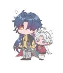  2boys ? aged_down ahoge arms_at_sides artisanship_commission_uniform_(honkai:_star_rail) bandaged_arm bandaged_leg bandages bandages_over_clothes black_coat black_footwear black_gloves black_shorts blade_(honkai:_star_rail) blue_hair blush buttons chibi child closed_mouth clothes_tug coat collared_coat collared_shirt dual_persona earrings eyes_visible_through_hair flower gloves grey_hair grey_pants hair_flower hair_intakes hair_ornament hair_over_one_eye hair_rings hands_up highres honkai:_star_rail honkai_(series) jacket jewelry koruri334 legs_together long_hair long_sleeves multiple_boys no_nose one_eye_covered open_clothes open_coat pants parted_bangs parted_lips purple_eyes red_eyes red_jacket shirt shoes shorts simple_background single_glove sleeve_cuffs standing thighhighs very_long_hair white_background white_thighhighs yellow_flower yellow_shirt yingxing_(honkai:_star_rail) 