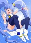 1girl blue_eyes blue_hair blue_shirt blue_shorts blue_skirt blush crown cure_princess fuchi_(nightmare) happinesscharge_precure! high_heels highres long_hair looking_at_viewer magical_girl mini_crown one_eye_closed open_mouth precure shirayuki_hime shirt shorts skirt smile solo twintails very_long_hair white_footwear 