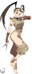  1girl absurdres arm_guards bandaged_foot bandages barefoot between_fingers black_undershirt brown_eyes brown_gloves brown_hair brown_headband censored closed_mouth clothing_cutout eyelashes fake_censor feet fingerless_gloves full_body gloves hand_up headband highres holding ibuki_(street_fighter) japanese_clothes kunai l4wless legs looking_at_viewer ninja ponytail short_sleeves side_cutout signature simple_background solo standing standing_on_one_leg stirrup_legwear street_fighter thighs tiptoes toeless_legwear toenails toes torn_clothes torn_sleeves weapon white_background 
