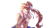  bangs blue_skirt blush bow breasts brown_hair doki_doki_literature_club eyebrows_visible_through_hair green_eyes hair_bow hair_ribbon hand_up long_hair looking_at_viewer monika_(doki_doki_literature_club) orange_sweater_vest ponytail ribbon ronpu_cooing school_uniform shirt simple_background skirt smile solo sweater_vest v-neck very_long_hair white_ribbon 