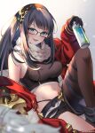  1girl absurdres black_gloves black_hair blue_eyes breasts brown_hairband glasses gloves granblue_fantasy hairband highres illnott midriff navel shorts single_leg_pantyhose spray_paint twitter_username yuntae 