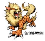  absurdres animal_focus arcanine artist_name arvalis black_eyes crossover digimon fangs highres no_humans open_mouth orange_fur parody pokemon pokemon_(creature) sharp_teeth snout solo striped_fur style_parody teeth veins web_address white_background 