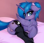  2018 anus bed blush clitoris clothing cutie_mark equine female feral friendship_is_magic hair horn legwear looking_at_viewer lying mammal my_little_pony on_bed princess princess_luna_(mlp) pussy royalty socks solo twiren winged_unicorn wings young 
